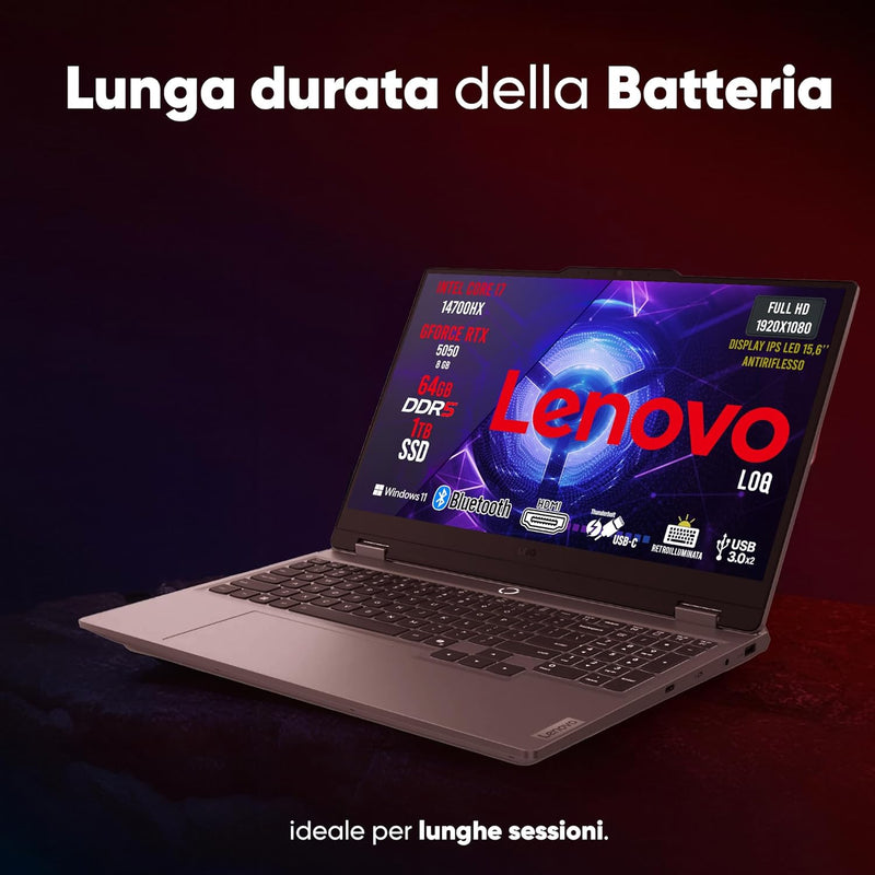 Lenovo Loq Pc Gaming Portatile i7 14700HX, 64 GB RAM DDR5, GeForce RTX 5050 8GB, SSD 1TB, Notebook Gaming Display IPS 15,6" FHD 144Hz, Laptop Gaming Tastiera Retroilluminata, Wi-Fi 6, Thunderbolt