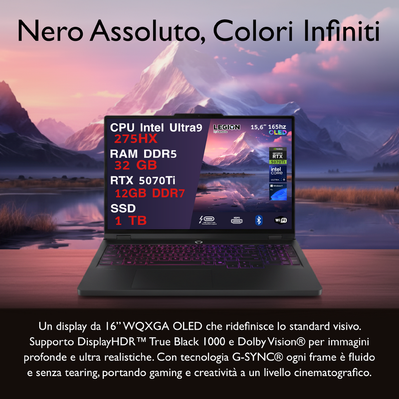 LENOVO LEGION PRO 5 PC GAMING PORTATILE ULTRA 9 275HX 20 CORE, 32 GB RAM DDR5, GEFORCE RTX 5070TI 12GB, SSD 1TB,NOTEBOOK GAMING OLED DISPLAY 16" 165HZ,LAPTOP GAMING TASTIERA RGB, WIFI 7, THUNDERBOLT 4