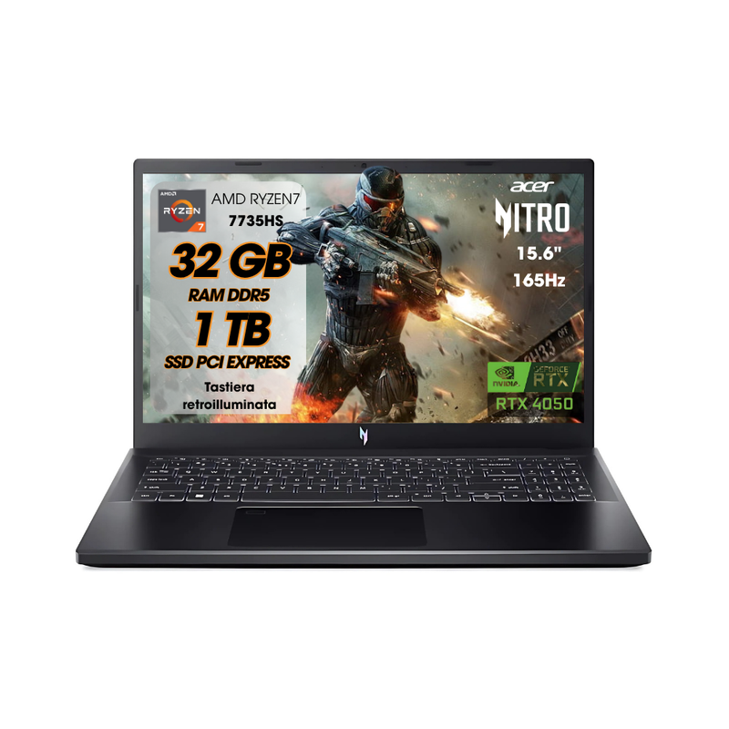 NOTEBOOK ACER  RYZEN7 7735HS 32GB RAM 1TB SSD RTX 4050 6GB 15.6 IPS FHD 165HZ W11 HOME TASTIERA RETROILLUMINATA PN:NH.QPEET.001