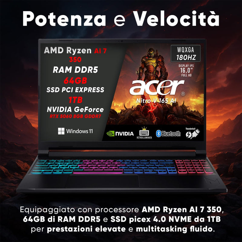 NOTEBOOK ACER NITRO V16S RYZEN AI 7 350 64GB RAM 1TB SSD RTX 5070 16.0 W11 HOME