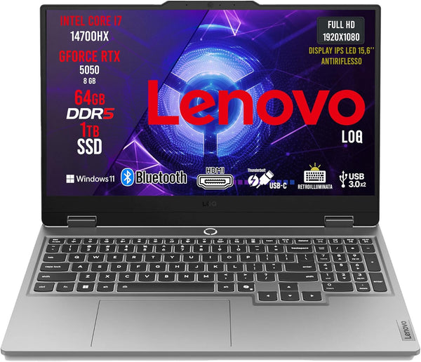 Lenovo Loq Pc Gaming Portatile i7 14700HX, 64 GB RAM DDR5, GeForce RTX 5050 8GB, SSD 1TB, Notebook Gaming Display IPS 15,6" FHD 144Hz, Laptop Gaming Tastiera Retroilluminata, Wi-Fi 6, Thunderbolt