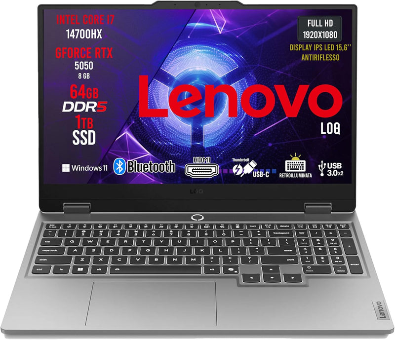 Lenovo Loq Pc Gaming Portatile i7 14700HX, 64 GB RAM DDR5, GeForce RTX 5050 8GB, SSD 1TB, Notebook Gaming Display IPS 15,6" FHD 144Hz, Laptop Gaming Tastiera Retroilluminata, Wi-Fi 6, Thunderbolt