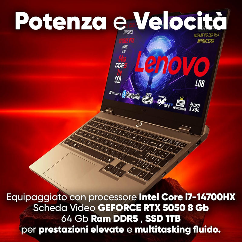 Lenovo Loq Pc Gaming Portatile i7 14700HX, 64 GB RAM DDR5, GeForce RTX 5050 8GB, SSD 1TB, Notebook Gaming Display IPS 15,6" FHD 144Hz, Laptop Gaming Tastiera Retroilluminata, Wi-Fi 6, Thunderbolt