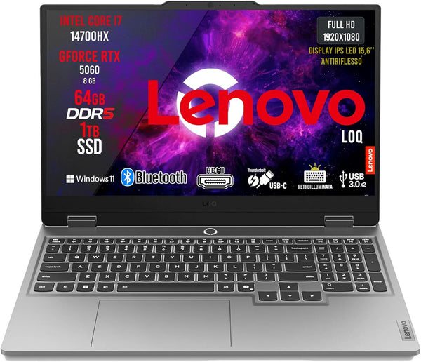 Lenovo Loq Pc Gaming Portatile i7 14700HX, 64 GB RAM DDR5, GeForce RTX 5060 8GB, SSD 1TB, Notebook Gaming Display IPS 15,6" FHD 144Hz, Laptop Gaming Tastiera Retroilluminata, Wi-Fi 6, Thunderbolt