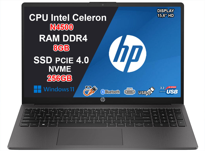 NOTEBOOK HP 250 G9, CPU N4500, 8GB RAM DDR4, 256GB SSD, DISPLAY 15.6 HD, WINDOWS 11 HOME, INCLUSA ESTENSIONE U22N6E 3Y GARANZIA ON SITE, PN:6F203EA