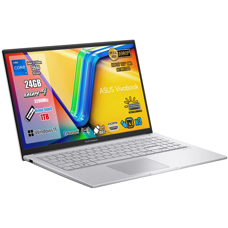 Notebook Asus VivoBook 15, CPU Intel i7-1255U 10Core fino a 4,7Ghz, RAM 24 Gb Ddr4, SSD 1Tb Pci-Ex, Display 15.6" FHD, Wi-Fi 6E, Bluetooth 5.3, Hdmi, Usb Type-C, Win 11, Mouse Wi-Fi Omaggio, pronto all'uso.