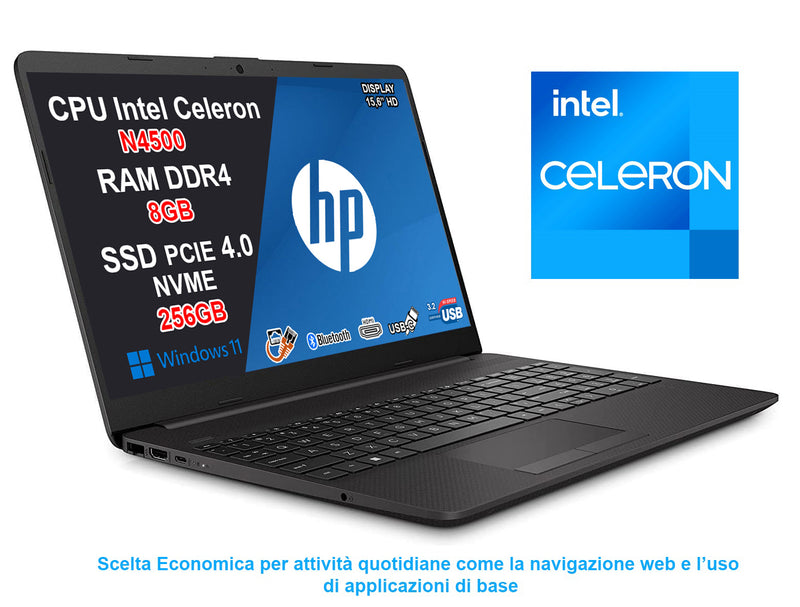 NOTEBOOK HP 250 G9, CPU N4500, 8GB RAM DDR4, 256GB SSD, DISPLAY 15.6 HD, WINDOWS 11 HOME, INCLUSA ESTENSIONE U22N6E 3Y GARANZIA ON SITE, PN:6F203EA
