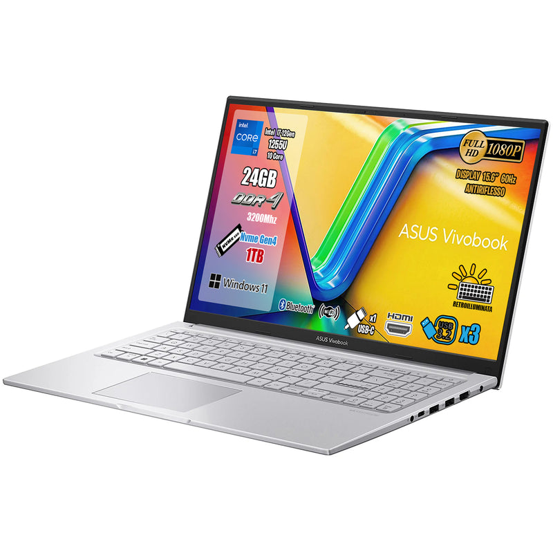 Notebook Asus VivoBook 15, CPU Intel i7-1255U 10Core fino a 4,7Ghz, RAM 24 Gb Ddr4, SSD 1Tb Pci-Ex, Display 15.6" FHD, Wi-Fi 6E, Bluetooth 5.3, Hdmi, Usb Type-C, Win 11, Mouse Wi-Fi Omaggio, pronto all'uso.