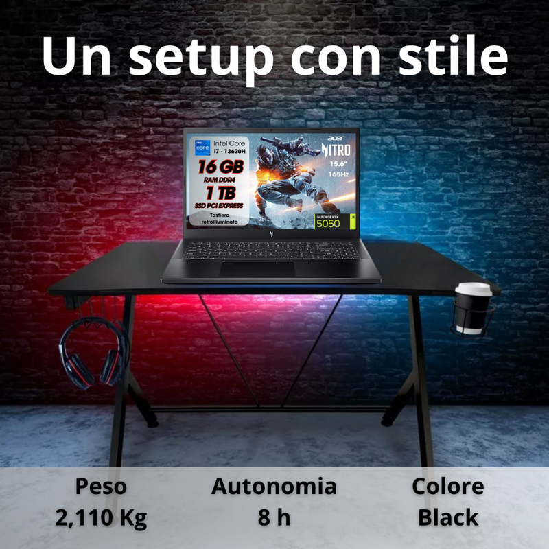 NOTEBOOK ACER NITRO V 15,INTEL I7-13620H, 16GB DDR4 RAM, 1TB SSD, 15.6 FHD IPS 165HZ, GEFORCE RTX 5050 8GB GDDR6,WINDOWS 11 HOME, TASTIERA RETROILLUMINATA PN:NH.QZ9ET.004